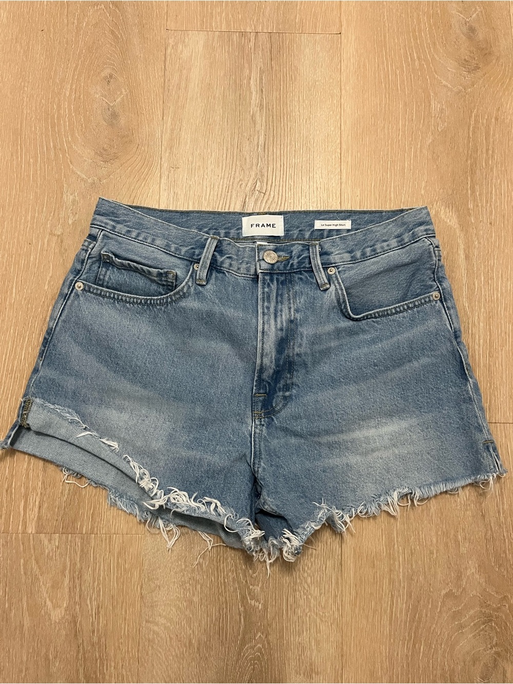 Frame Denim Medium Blue High-Rise Frayed Hem Jean Shorts